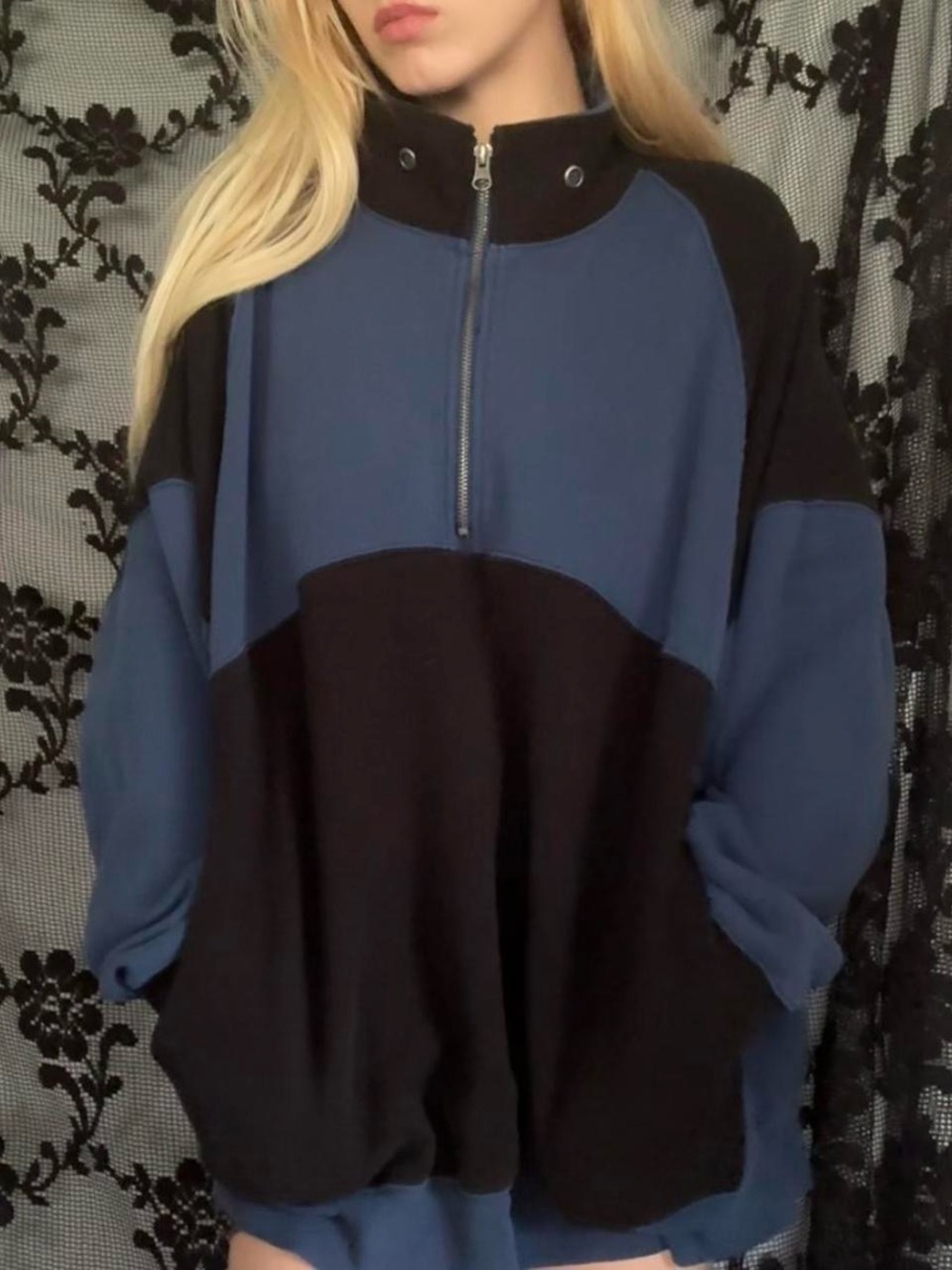BDG Colorblocked Blue and Black Half-Zip Sweatshirt